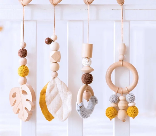 mustard blue wood hanging toys for activity gyms